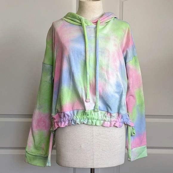 Blank NYC Hoodie Tie Dye Long Sleeve Pullover Ruched Hem Ties Multicolor M NWT - Picture 1 of 16